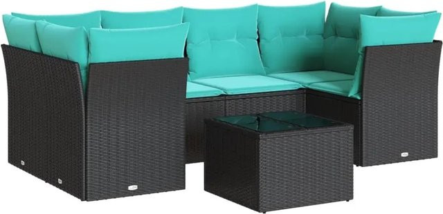 vidaXL 7-teilige Garten-Sofagarnitur in L-Form mit Kissen und Couchtisch, Schwarz, Poly-Rattan mit Metallgestell - Bild 1