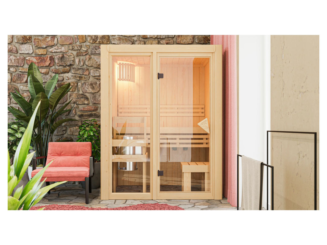 Karibu Shorty Sauna mit externer Steuerung aus Fichte und Espe in Bronze, B/T/H: 155 x 122 x 198 cm - Bild 3