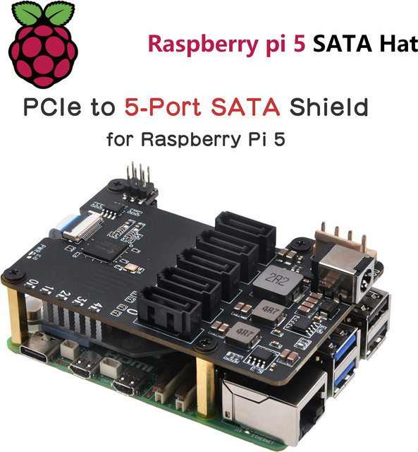 Raspberry Pi 5 X1009 PCIe zu 5-Port SATA Shield Erweiterungskarte in Schwarz - Bild 1