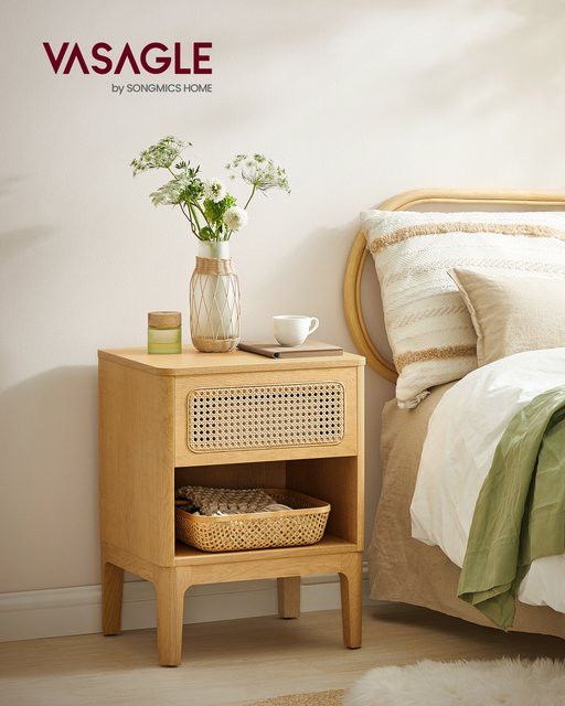 VASAGLE Nachttisch im Boho-Stil mit Schublade, moderner Beistelltisch für Schlafzimmer und Wohnzimmer, naturfarben - Bild 1