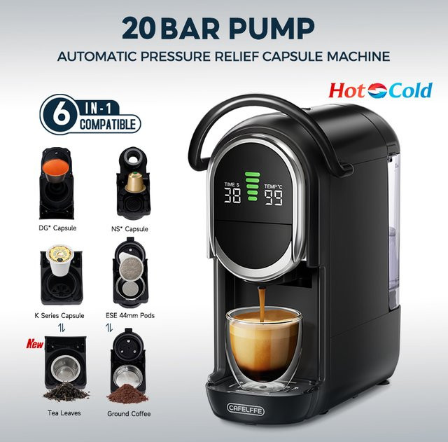CAFELFFE MK-609S Upgrade 6-in-1 Kapsel-Kaffeemaschine in Schwarz mit 7-stufiger Kaffeevolumen- und Temperatureinstellung sowie automatischer Druckentlastung für Nespresso Original, Dolce Gusto, K-Cup Kapseln, ESE 44mm Pods und Teeblätter - Bild 1