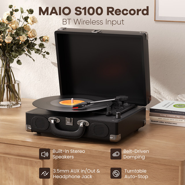 Maio S100 Riemengetriebenes Vintage-Grammophon in Schwarz mit eingebautem Lautsprecher und 3 Geschwindigkeiten für High-Fidelity-Stereo - Bild 1