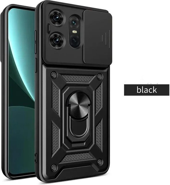 Stoßfeste Armor Schutzhülle für Motorola Edge 50 40 NEO 30 Pro Ultra Fusion G04 G34 G84 G54 G42 mit Ringhalter und Schiebe-Linsenschutz in Schwarz - Bild 1