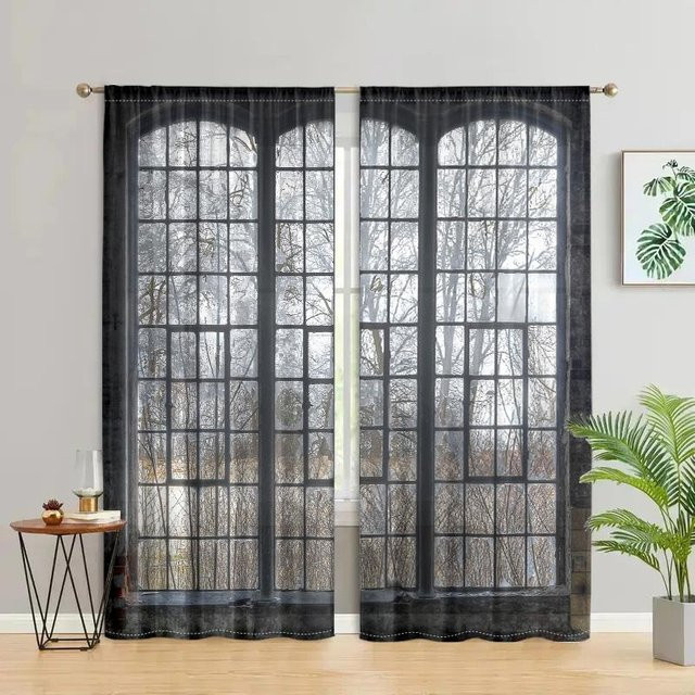 2er-Set Vorhänge im Industriestil mit französischem Fensterdesign, Schwarz, semi-transparent, Breite: 150 cm, Höhe: 166 cm - Bild 1