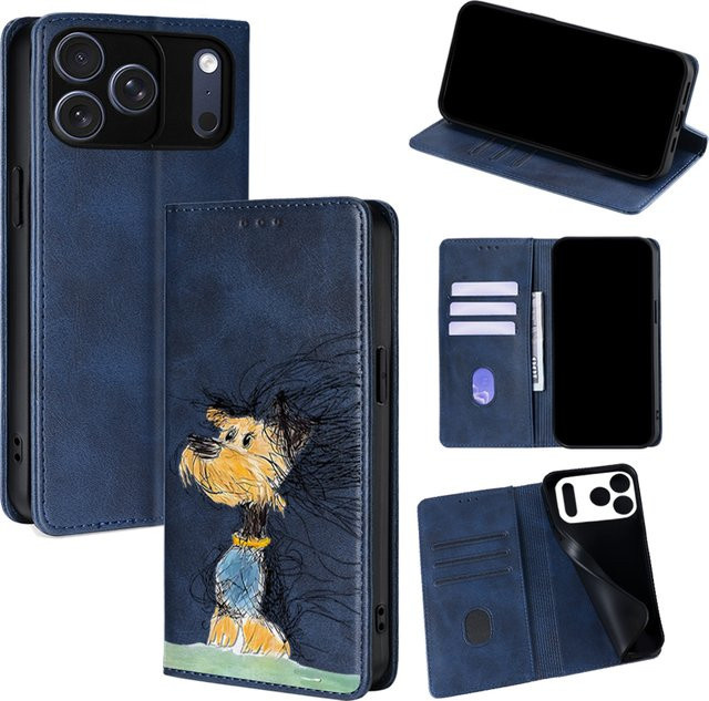 Leder Handyhülle mit Welpen-Motiv für iPhone 11 bis iPhone 17 Pro Max inklusive Kartenfächern in Blau - Bild 1