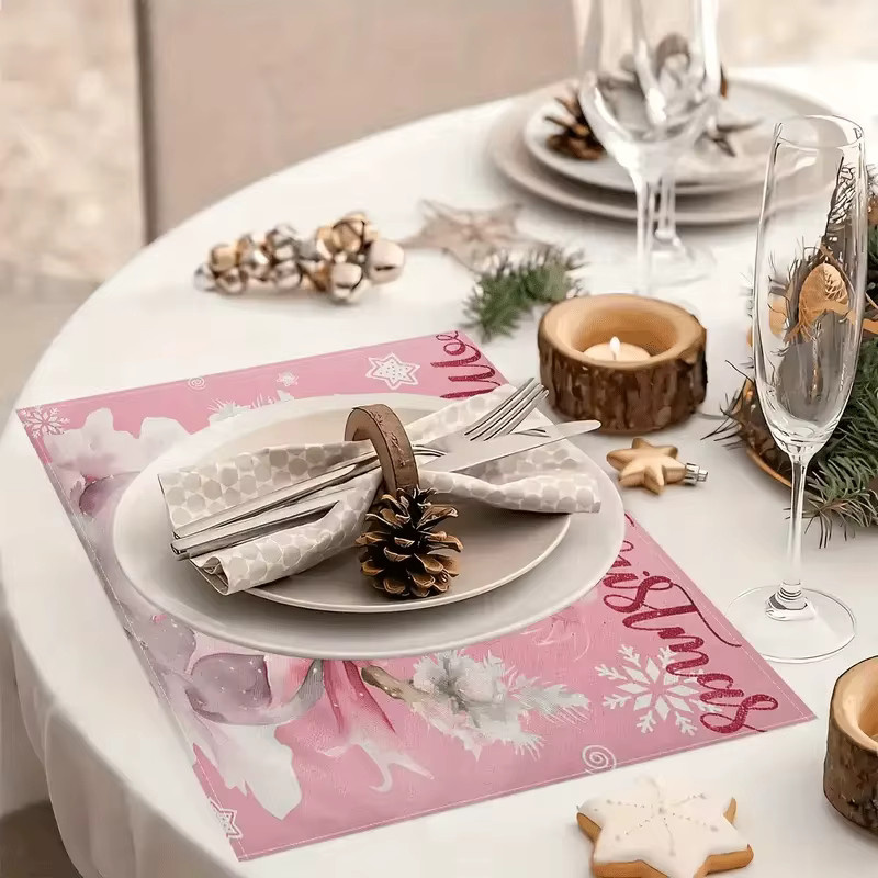 VIKAMA 4er Set Weihnachts-Tischsets mit rosa Schneemann-Muster aus PVC - Bild 2