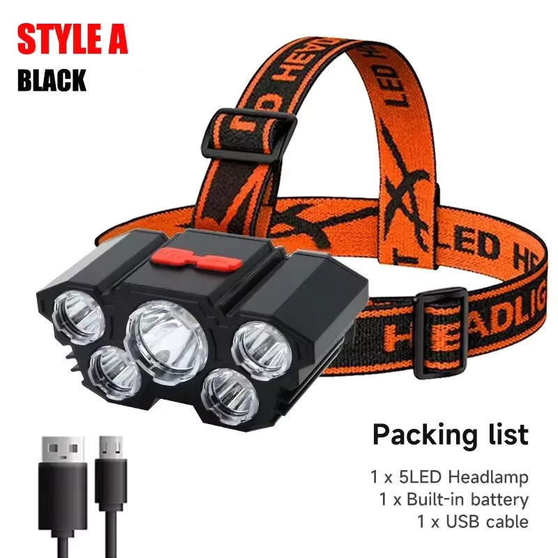 ESMARTER 5-LED-Stirnlampe in Schwarz, wiederaufladbare LED-Taschenlampe mit coolweißem Licht für Camping, Angeln und Radfahren - Bild 2