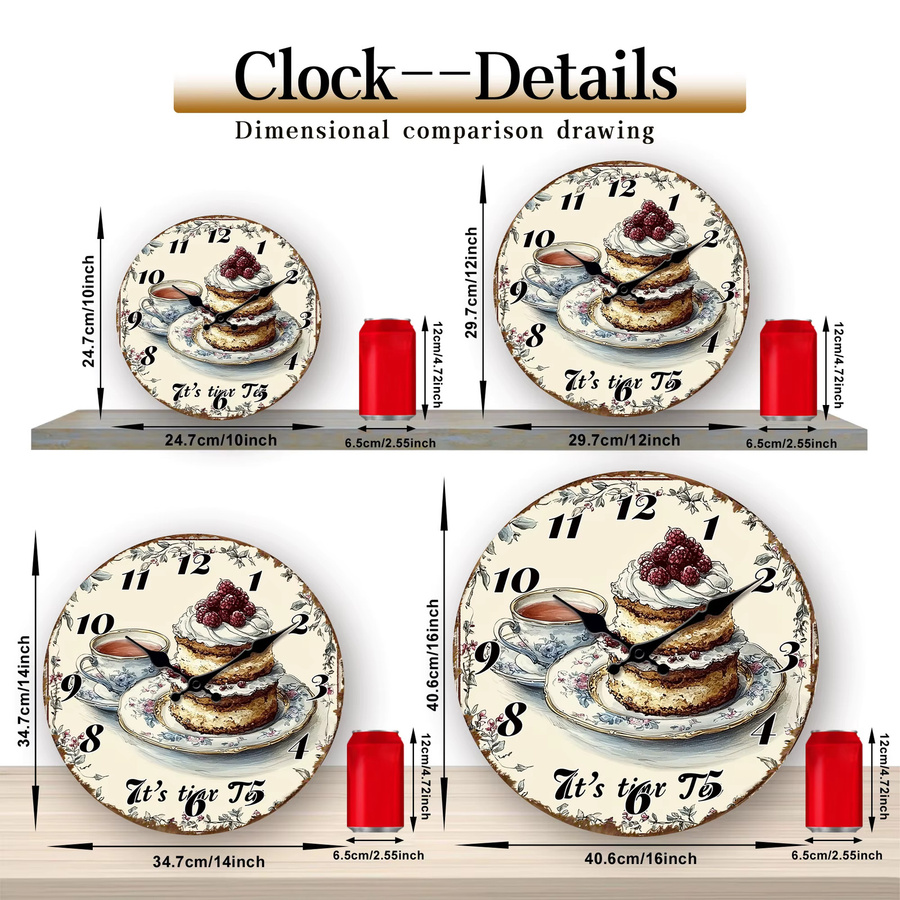 Vintage Tea Time Cake Runde Wanduhr mit Dessert-Illustration und leisem Quarzwerk in Multicolour - Bild 4