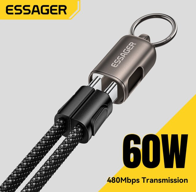 Essager 60W Typ-C-auf-Typ-C-Ladekabel mit Lanyard in Schwarz für iPhone, Samsung, Xiaomi und Huawei - Bild 1