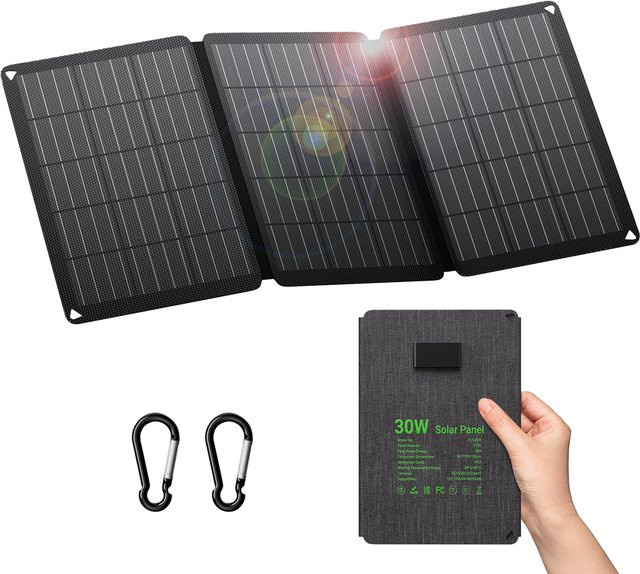LIONSHEE 30W faltbares tragbares Solarpanel in Schwarz mit USB-C, USB-A und DC Anschlüssen, IP67 wasserdichtes Outdoor Solar-Ladegerät für Camping, Handys und Tablets - Bild 1