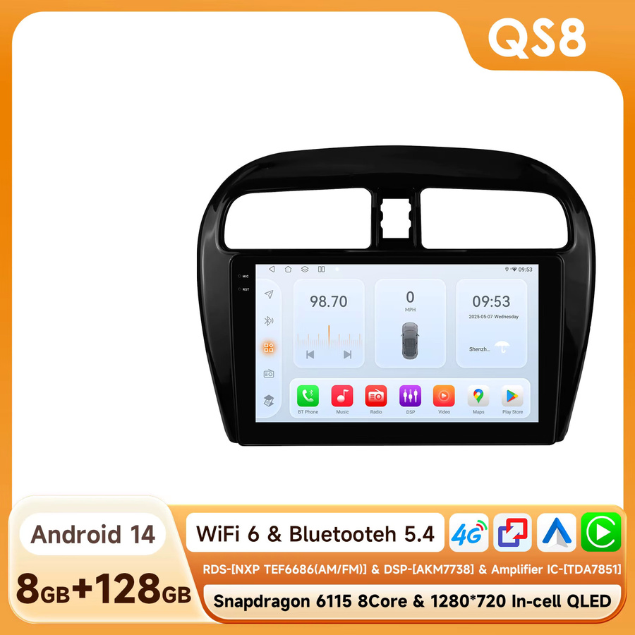 OSSURET Android 14 Autoradio mit 9 Zoll Display, Snapdragon 6115, GPS-Navigation, CarPlay und Android Auto für Dodge Attitude 2015-2023 sowie Mitsubishi Mirage/SpaceStar 2012-2023, Schwarz - Bild 7