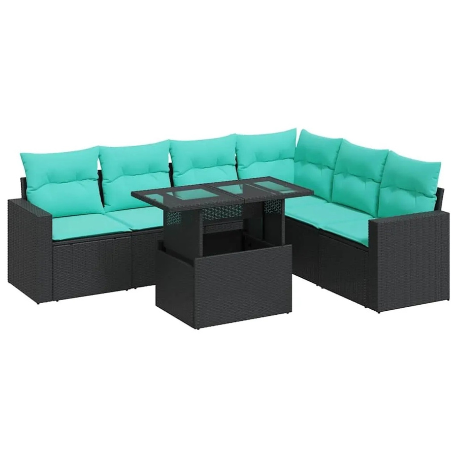 vidaXL 7-teilige Garten-Sofagarnitur aus Poly-Rattan und Akazie in Schwarz mit Kissen - Bild 2