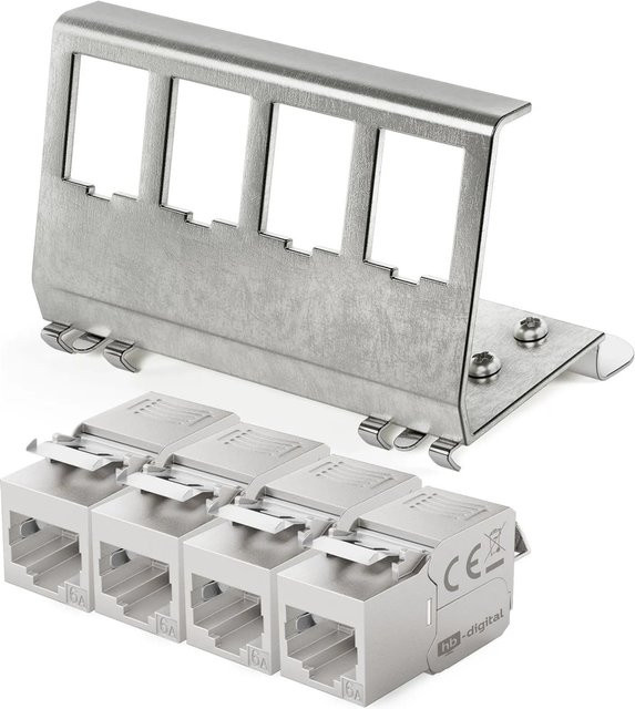 hb-digital Hutschienenadapter 4 Port mit CAT 6a Keystone Modul RJ45 in Silber - Bild 1
