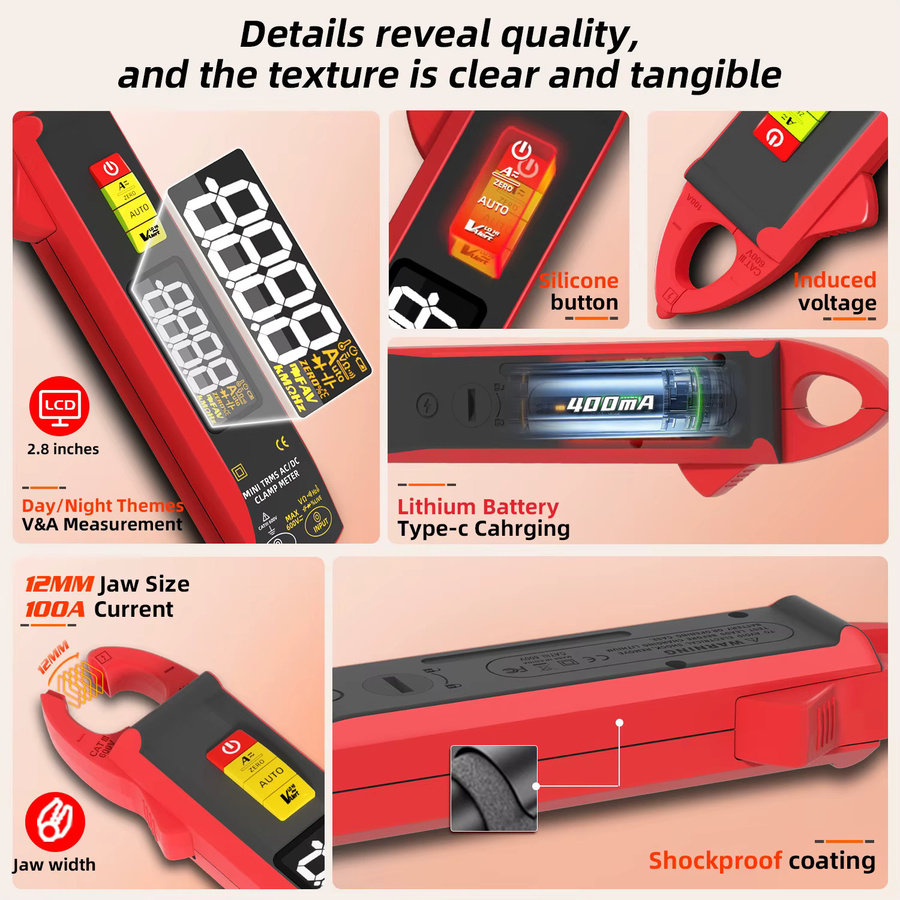 BSIDE UX1 Digitales Zangenamperemeter True RMS für DC/AC Strom, Hochpräzises Multimeter mit Temperatur-Tester, Rot - Bild 3