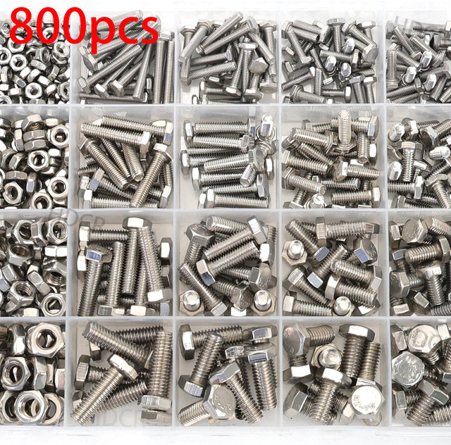 MIVM 800-teiliges Edelstahl-Schrauben- und Muttern-Set mit Sechskantschrauben, Sechskantmuttern und Flachfederringen - Bild 1