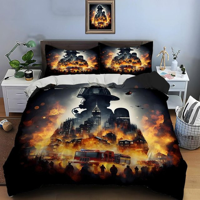 Bettwäsche-Set Flylo Stadt in Flammen mit Feuerwehrmann-Print, Queen Size, B/H: 210 x 210 cm, Mehrfarbig - Bild 1