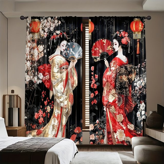 VIKAMA Japanisches Geisha Duschvorhang-Set aus wasserdichtem Stoff mit floralem Design in Mehrfarbig - Bild 1