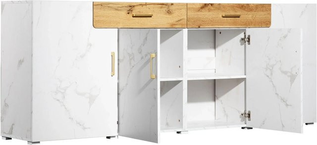 okwish Sideboard in Weiß mit 4 Türen und 2 Schubladen für Küche und Wohnzimmer, B/T/H: 208 x 39,5 x 80 cm - Bild 1