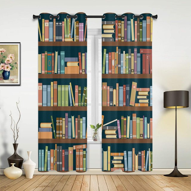 Vintage Vorhänge mit Bücherregal-Motiv von Household supplies MH, 2er-Set mit Haken, halbtransparent, Mehrfarbig, B: 60 cm x H: 60 cm - Bild 1