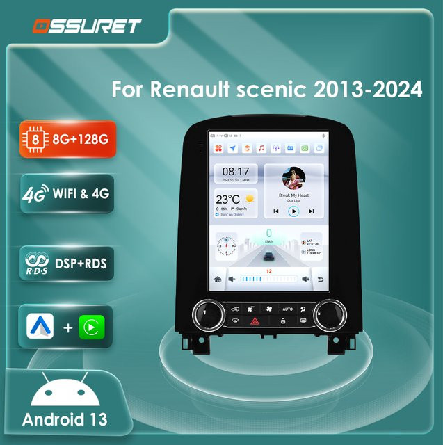 OSSURET 9,7 Zoll Android 13 Autoradio für Renault Scenic 2013-2024 mit 360-Grad-Carplay, 8-Kern-Prozessor, GPS und 4G Mobilfunk, Schwarz - Bild 1