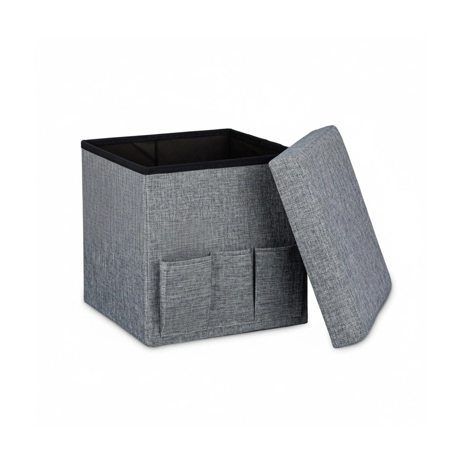 Relaxdays Falthocker Cube aus Leinen in Grau mit Taschen, B/T/H: 38 x 38 x 38 cm - Bild 2