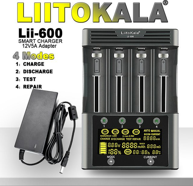 LiitoKala Lii-600 LCD Smart Batterieladegerät in Schwarz für Li-Ion 3,7V und NiMH 1,2V Akkus (18650, 26650, 21700, AA, AAA) - Bild 1