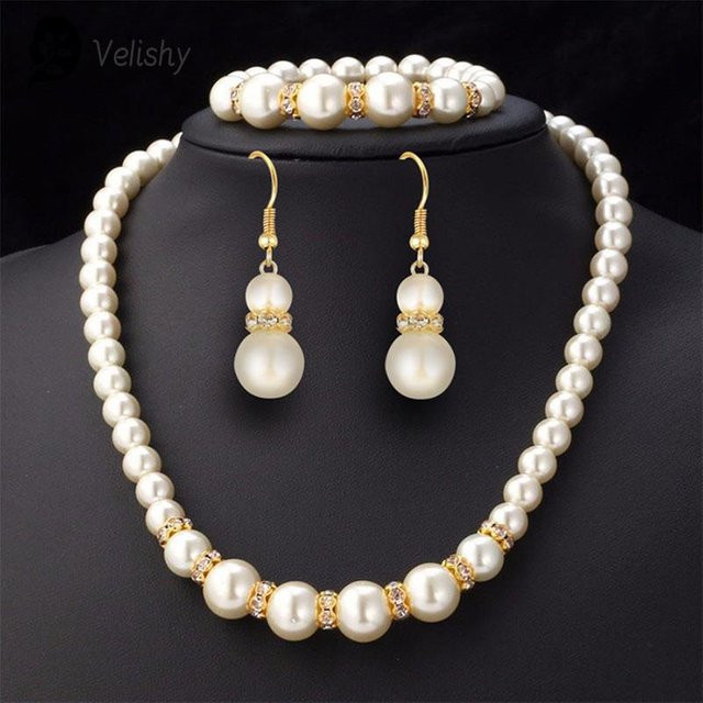 Velishy Schmuck-Set, Perlenkette, Ohrringe, Armband, Gold, Damen - Bild 1