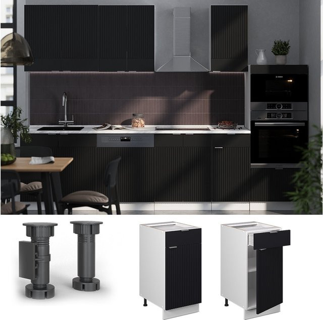 Vicco Schubunterschrank Fame-Line in Weiß und Schwarz gestreift mit Arbeitsplatte in Marmor-Optik, Breite: 40 cm - Bild 3