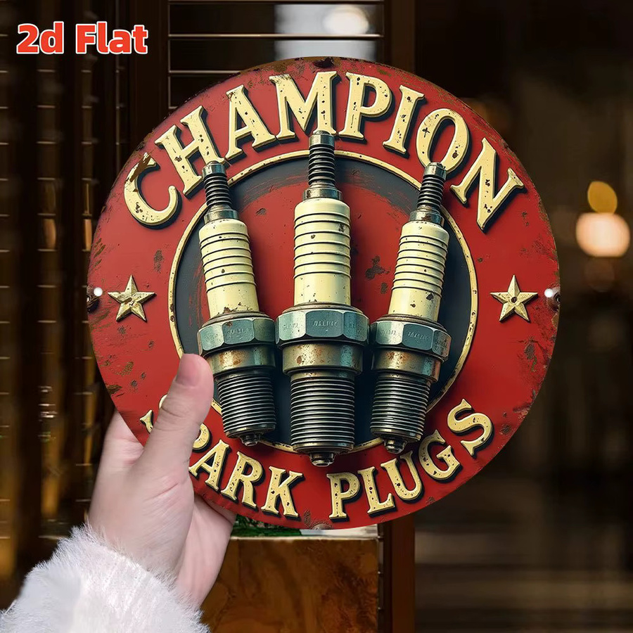 Vintage Champion Spark Plug Logo Metall-Wandkunst aus Aluminium in Rot und Gold mit Rennsport-Design - Bild 4