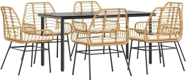 vidaXL 7-teilige Garten-Essgruppe aus Poly Rattan mit Glasplatte und Kissen in Braun und Cremeweiß - Bild 1