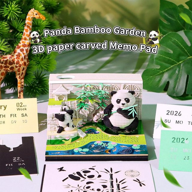 3D Panda Tischkalender 2026 mit Acrylgehäuse und Notizfunktion in Multicolor - Bild 1