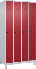 C+P Spind Classic PLUS Garderobenschrank mit 4 Abteilen, Füße, Sicherheits-Drehriegel und 3 Garderobenhaken, Farbe: Lichtgrau/Rubinrot, H x B x T: 195 x 100 x 50 cm - Bild 1
