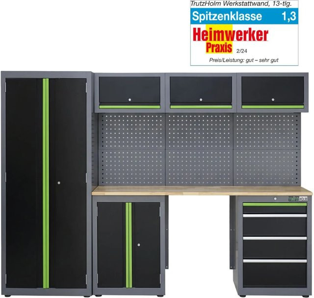 TRUTZHOLM Werkstattwand aus Stahl mit Lochwand, modulares 13-teiliges Werkstattschranksystem, pulverbeschichtet, Schwarz/Grau/Grün - Bild 1