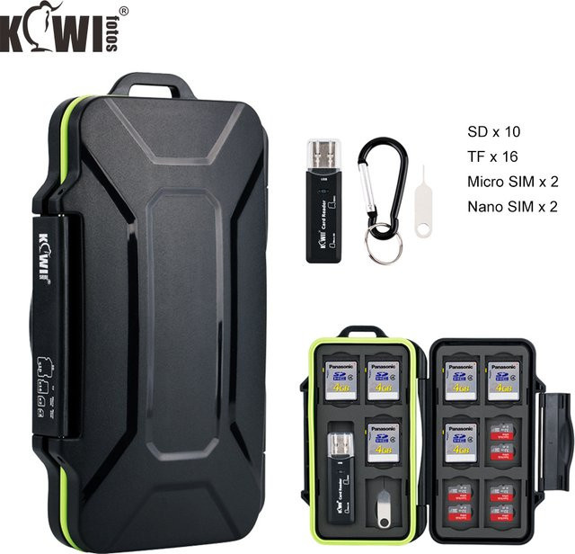 KIWIFOTOS Wasserdichtes Speicher Karten Etui in Schwarz mit USB 3.0 Kartenleser für SD, SDHC, SDXC, Micro SD, TF und SIM Karten - Bild 1