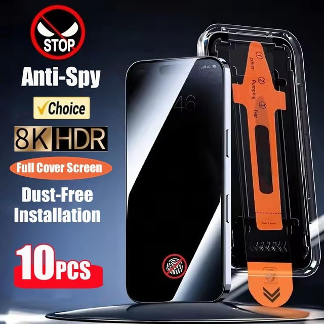 10 Stück PJPK Sichtschutz-Displayschutz aus gehärtetem Glas für iPhone 16 17 15 14 13 12 11 Pro Max Anti-Spy mit Installationsschutz - Bild 1