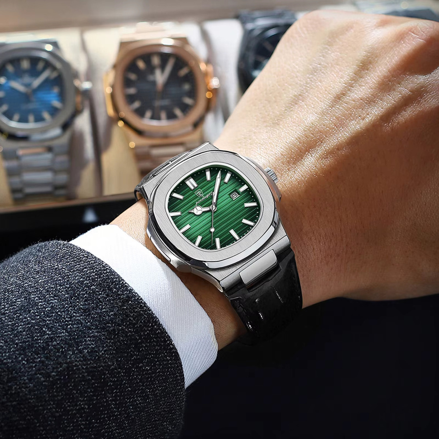 POEDAGAR Armbanduhr Quarz, Leder, Grün, Silber, Herren - Bild 6