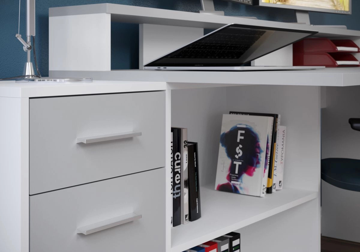 Eckschreibtisch Sektor in Weiß und Grau, moderner Schreibtisch aus MDF und Metall, Breite: 160 cm, Tiefe: 92 cm - Bild 3