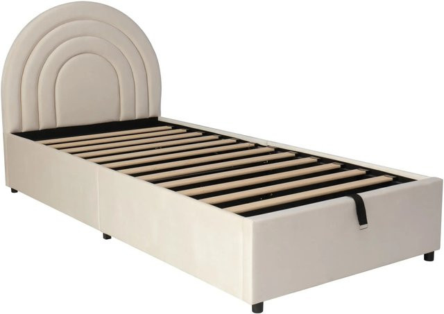 okwish Polsterbett mit Samtbezug und Kopfteil in Beige, B/T/H: 90 x 200 x 100 cm - Bild 1