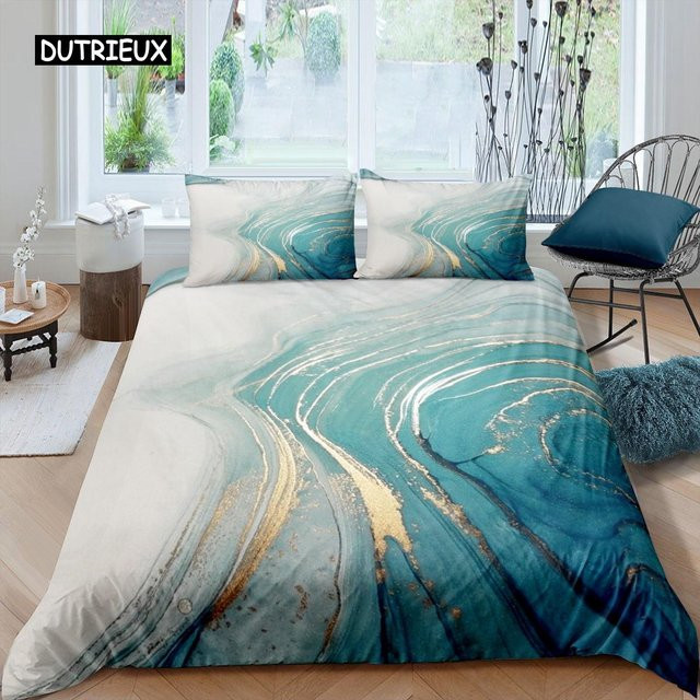 Bettwäsche-Set Binchi Outdoor Product aus Mikrofaser mit Marmor-Design in Türkis und Gold, B/H: 210 x 210 cm - Bild 1