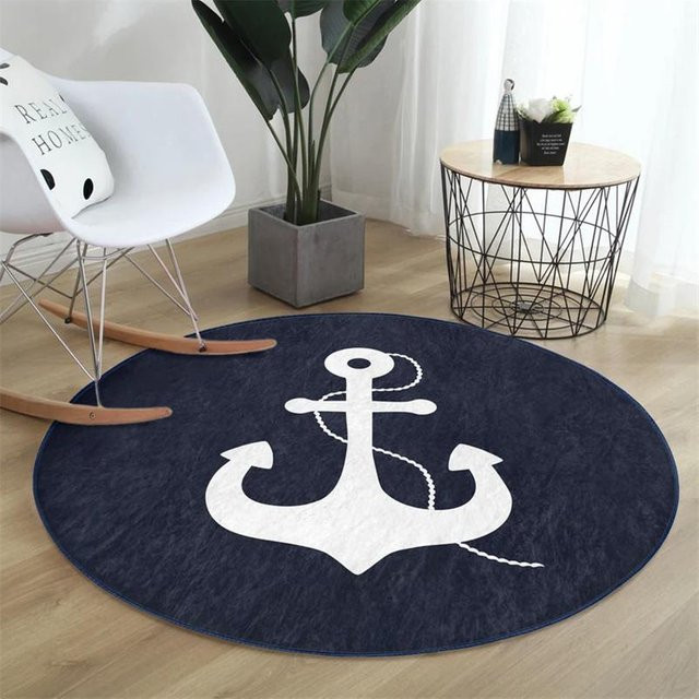 Runder Kompass-Teppich von Lodestar in Blau mit Anker- und Segler-Motiv, rutschfest, Durchmesser: 80 cm - Bild 1