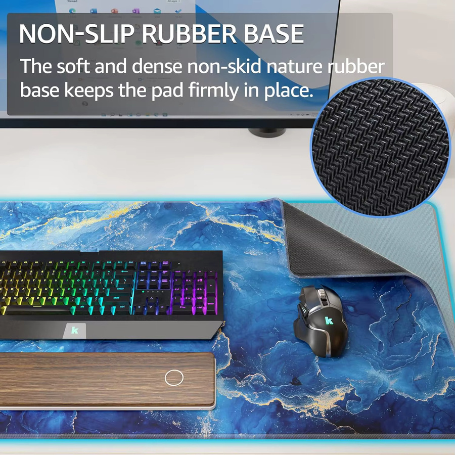 Gaming-Mauspad mit blauem Marmor-Design, wasserbeständiges Mikrogewebe und rutschfeste Basis mit genähten Kanten - Bild 3