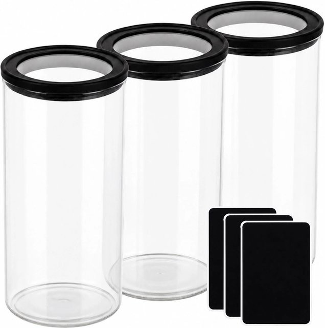 Relaxdays Vorratsgläser 3er Set aus Glas und Kunststoff mit Silikon, transparent und schwarz, luftdicht, 1200 ml, Höhe: 18 cm, Durchmesser: 10 cm - Bild 1