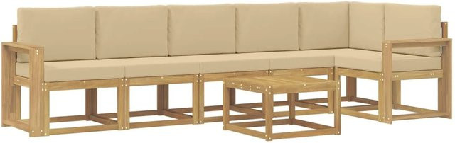 vidaXL Outdoor-Sofagarnitur 7-teilig in L-Form mit Kissen und Couchtisch aus Akazienholz in Weiß, Beige und Braun - Bild 1