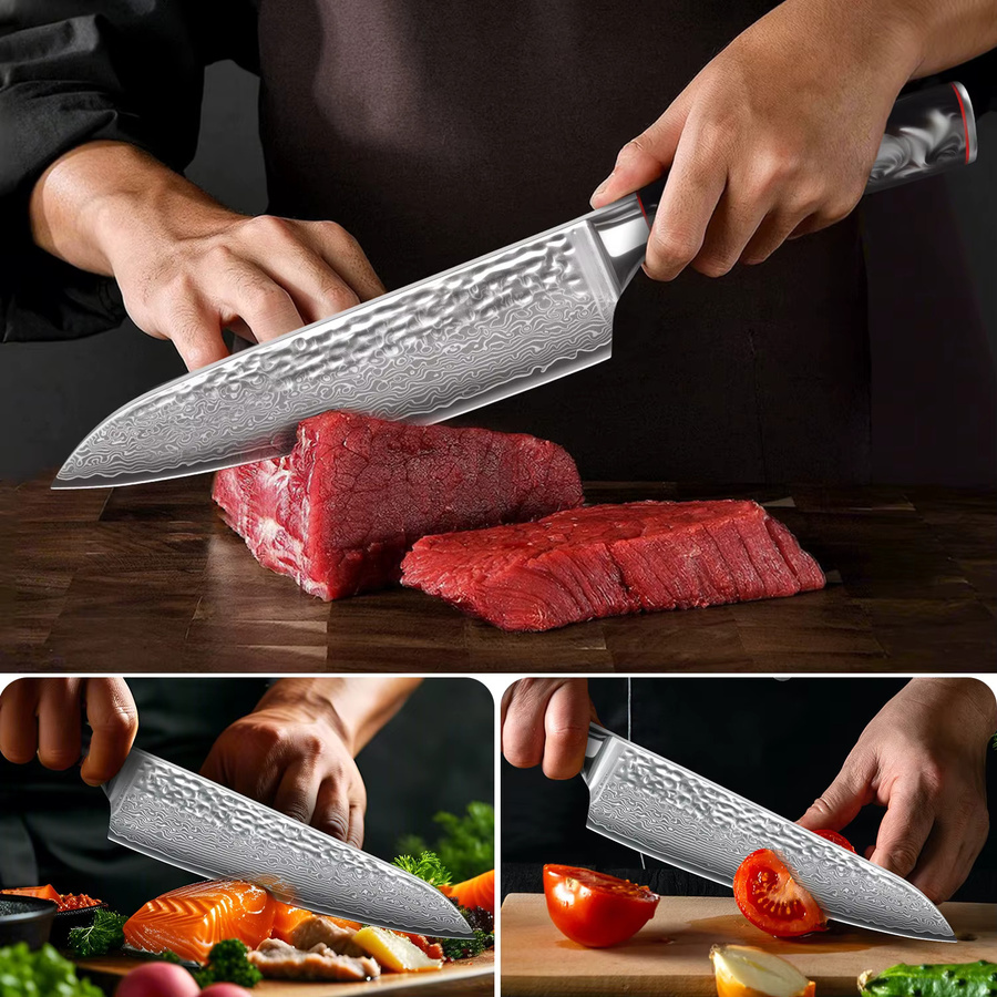 WOLFDAO Damaszener Stahl Kochmesser mit 67 Lagen, 8 Zoll Küchenmesser mit schwarzem G10 Griff, ergonomisches Design für Fleisch, Fisch, Obst und Gemüse - Bild 6