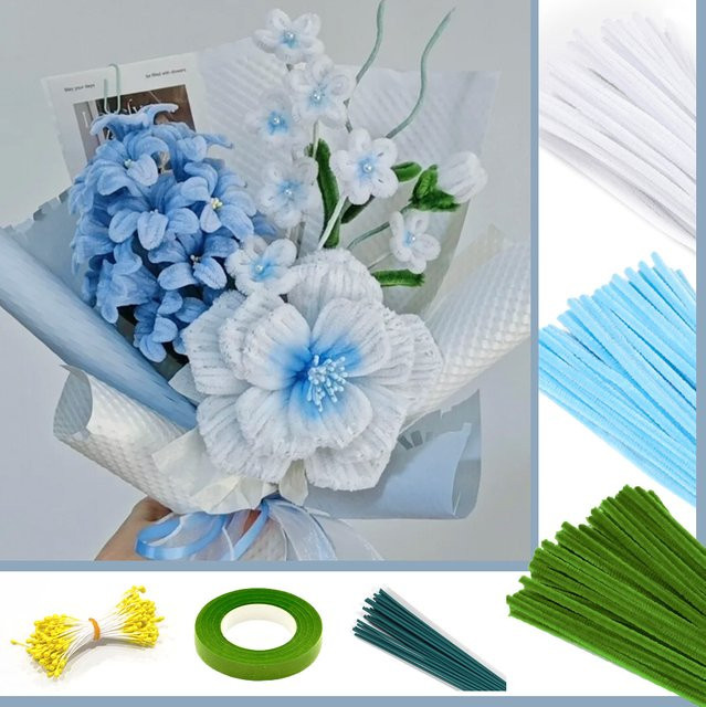 DIY Bastelset mit Pfeifenreinigern und Blumen-Draht in Blau, Weiß und Multicolour inklusive Staubblättern und Klebeband - Bild 1