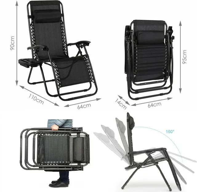 AuAg Zero Gravity Liegestuhl mit Armlehnen und Getränkehalter, gepolsterter Klappstuhl aus Textilene für Camping, Terrasse und Garten, in Beige oder Schwarz - Bild 1