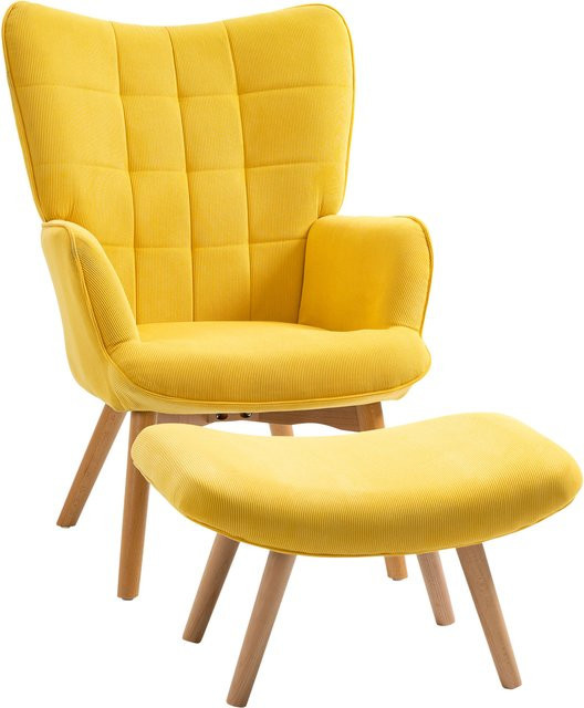 HOMCOM Relaxsessel mit Hocker in Gelb, Ohrensessel mit Cord-Optik und Holzbeinen - Bild 1