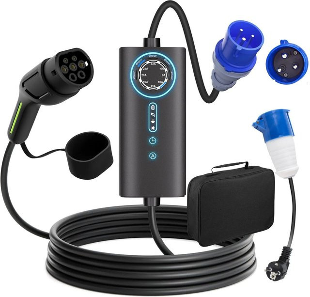 Junsun Typ 2 EV-Ladegerät 7kW mit 8m Kabel, 1-phasig, flexible Stromanpassung 6-32A, Schwarz inklusive Tasche und Adapter - Bild 1