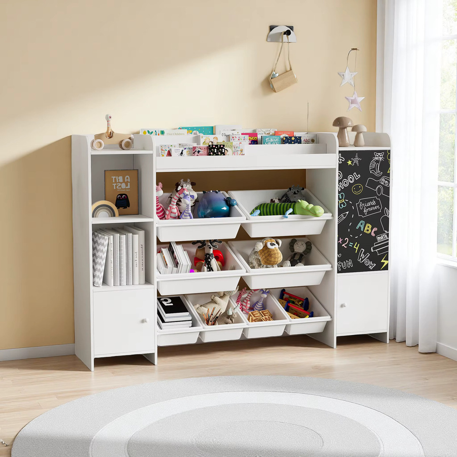 Comanlai Holz-Kinderbücherregal in Weiß mit 8 Boxen, 5 Fächern und Tafel zur Spielzeug-Aufbewahrung, B/T/H: 137 x 30 x 94,5 cm - Bild 2