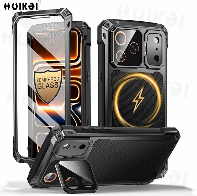 Huikai Stoßfeste iPhone 17 Pro Max Hülle in Schwarz mit Bildschirm- und Kameralinsenschutz sowie Aluminium-Ständer - Bild 1